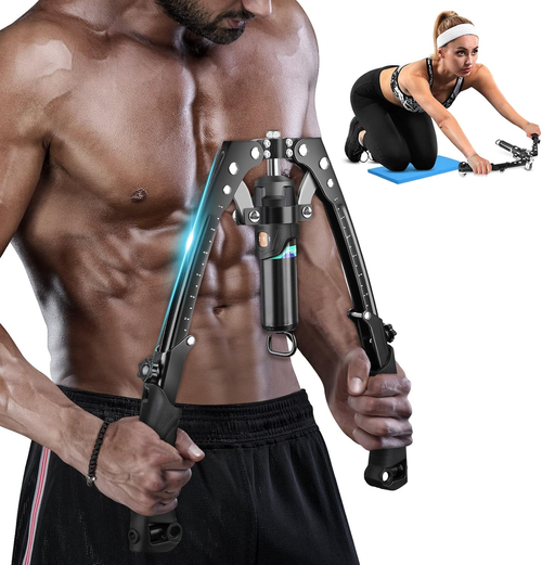 Adjustable hydraulic power twisting forearm exerciser, chest muscle expander, biceps and abdominal muscle strength training gripper.