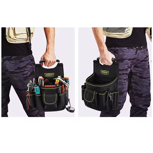 Heavy-duty mechanical electrician tool bag with pockets and waist bag to carry drills, electrician and other tools