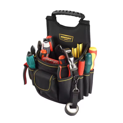 Heavy-duty mechanical electrician tool bag with pockets and waist bag to carry drills, electrician and other tools