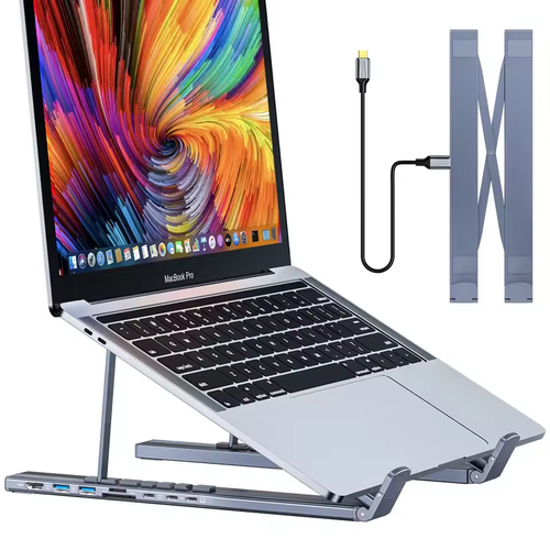 8-port docking station, foldable, adjustable, single X-bar laptop stand