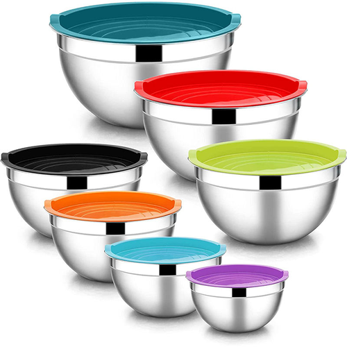 Hot-selling 7-piece colorful nested storage bowl, salad bowl, stainless steel mixing bowl with silicone lid