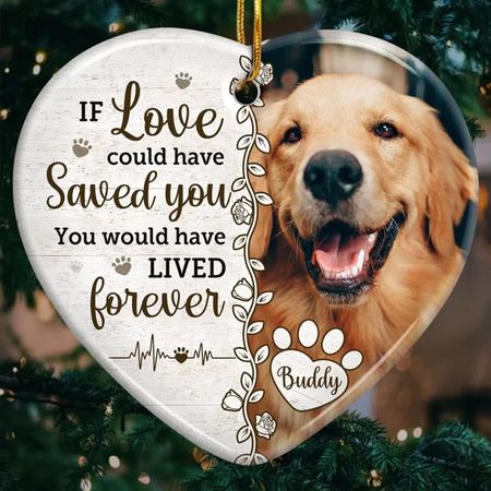 Foto personalizzata La morte pone fine a una vita, non a una relazione - Ornamento personalizzato commemorativo - A forma di cuore in ceramica - Regalo di Natale, regalo di condoglianze per proprietari di animali domestici, amanti degli animali