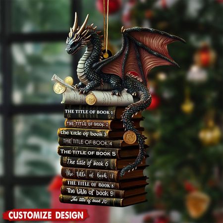 Ornamento natalizio personalizzato con pila di libri e drago fantasy – Regalo per lettori