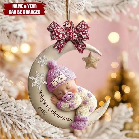 Primo ornamento natalizio del bambino, ricordo personalizzato in acrilico con luna