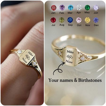Anello personalizzato con nome e pietra portafortuna, regalo di anniversario per coppie