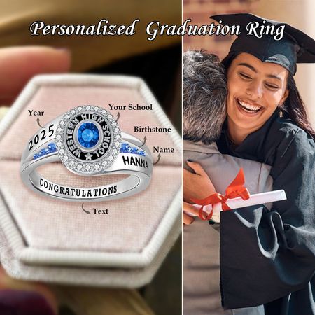 Regalo personalizzato dell'anello di laurea con pietra natale inciso per i laureati