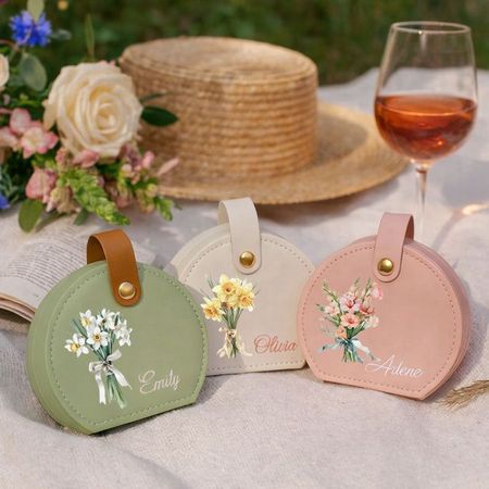 Portagioie da viaggio personalizzato-Custodia per gioielli rotondi con nome e fiore di nascita-Regalo per damigella d'onore, festa della mamma e regalo di compleanno per lei