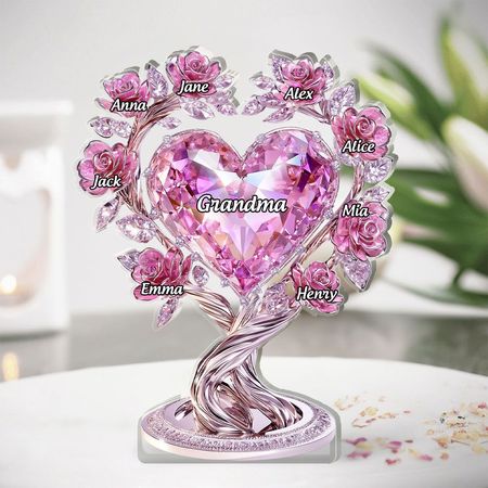 Targa acrilica personalizzata per albero genealogico | Nomi personalizzati con cuore rosa di cristallo rosa per famiglia