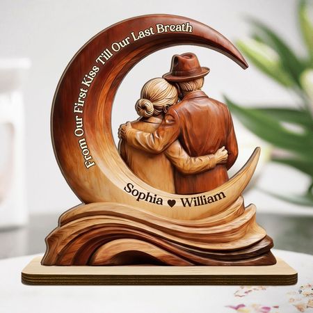 Personalizzato dal nostro primo bacio fino al nostro ultimo respiro targa di legno | Nome personalizzato coppia anziana Moon Keepsake