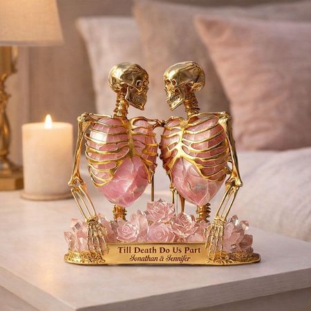Personalizzato Till Death Do Us Part Placca acrilica | Nome personalizzato Skeleton Coppia Rose Quarzo Keepsake