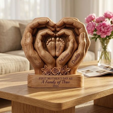 Placca di legno personalizzata della famiglia di tre mani e piedi del bambino