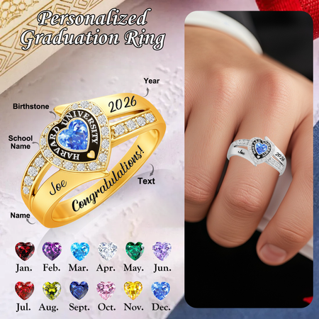 Anello di laurea personalizzato con pietra di nascita a cuore inciso per laureati