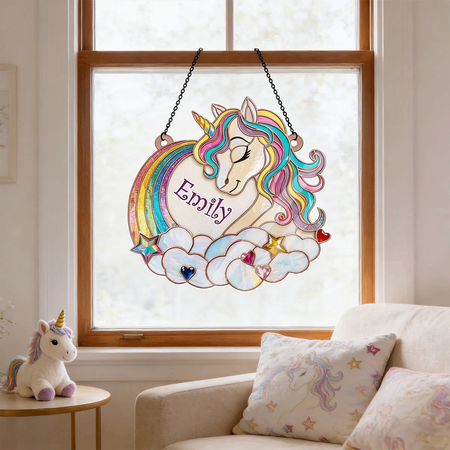 Suncatcher personalizzato in vetro colorato con unicorno arcobaleno