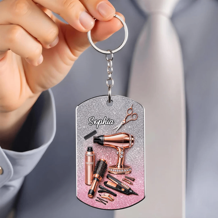 Portachiavi in acrilico personalizzato con medaglietta da parrucchiere in oro rosa
