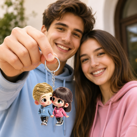 Portachiavi acrilico personalizzato, regalo di anniversario e San Valentino Carino cartone animato coppia che si tiene per mano