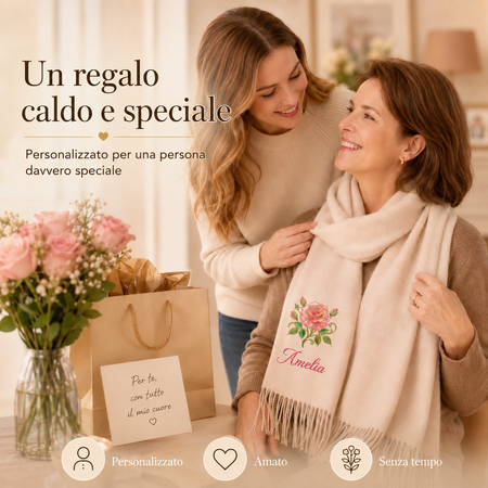 🌸Sciarpa da donna personalizzata con motivo floreale e nome-Sciarpa personalizzata con frange, un regalo personale per lei.
