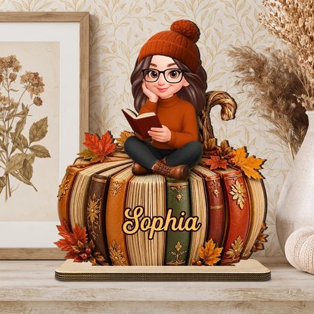 Targa di legno personalizzata a 2 strati, Lettura della ragazza sui libri di zucca, Regalo unico per gli amanti del libro