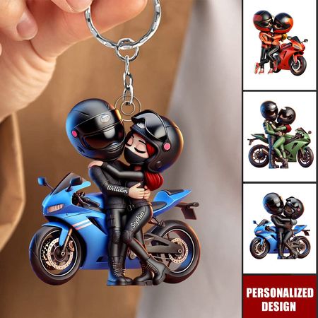 Coppia graziosa del fumetto della motocicletta-Portachiavi personalizzato-Regalo di compleanno di anniversario per lui, per le coppie del motociclista