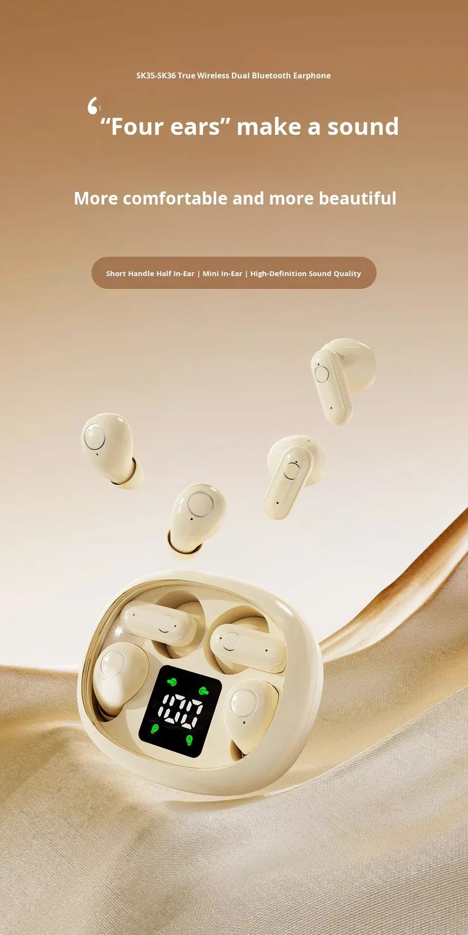 Bestselling 4-Pack Comfortable Mini In-Ear Bluetooth 5.4 Earphones with Digital Display, Low Latency for Gaming, and Extra Long Battery Life