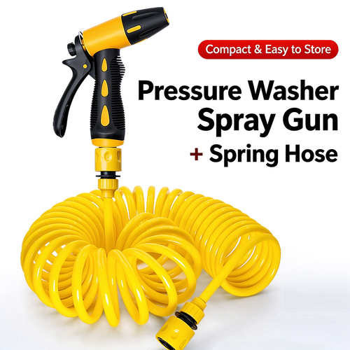 High Pressure Car Wash Spray Gun with 20m Spring Hose & Full Connector Set