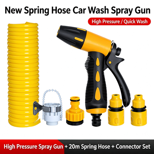High Pressure Car Wash Spray Gun with 20m Spring Hose & Full Connector Set