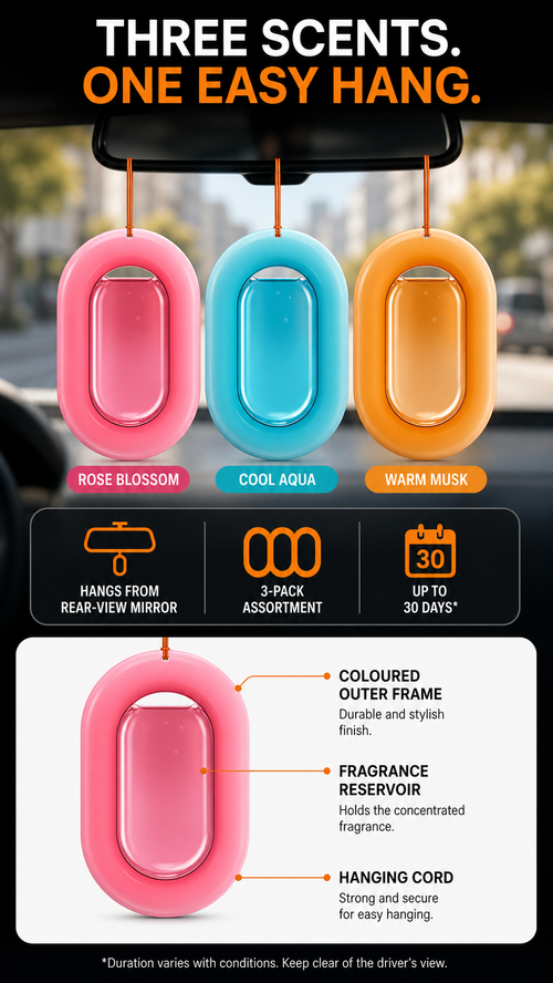 🔥 HOT SALE 🔥 COD! 3-Pack Hanging Car Fragrance Set | Rose Blossom, Cool Aqua & Warm Musk | Nairobi Inventory | Ships in 48 Hours | 7-Day Returns & Exchanges. Cash-on-Delivery orders are dispatched from our Nairobi warehouse. Delivery takes 1–3 business days.