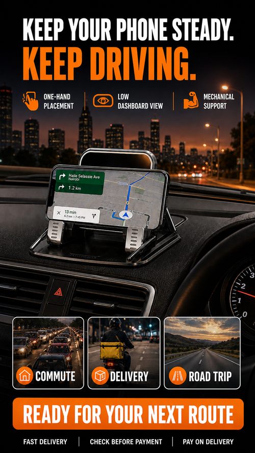 🔥 HOT SALE 🔥 Keep your map steady and your road view clear with a mechanical low-dashboard phone holder.| Nairobi Inventory | Ships in 48 Hours | 7-Day No-Questions-Asked Returns and Exchanges. Cash-on-Delivery orders will be shipped from our Nairobi warehouse within 48 hours. Delivery takes 1–3 business days.