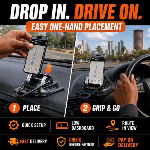 🔥 HOT SALE 🔥 Keep your map steady and your road view clear with a mechanical low-dashboard phone holder.| Nairobi Inventory | Ships in 48 Hours | 7-Day No-Questions-Asked Returns and Exchanges. Cash-on-Delivery orders will be shipped from our Nairobi warehouse within 48 hours. Delivery takes 1–3 business days.