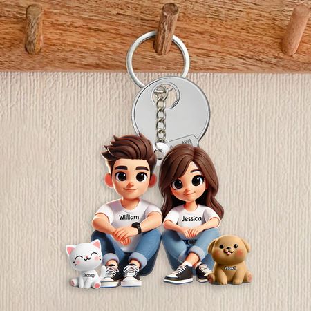Valentine's DayCustom-Personalized Acrylic Keychain – Cute Couple Cartoon Keychain with Names and Pet-DIYTREE