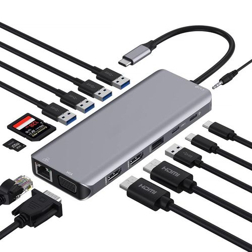 11-in-1 USB-C Hub with Ethernet, 4K HDMI, VGA, PD, SD,TF Cards Reader, Mic-Audio Docking Station