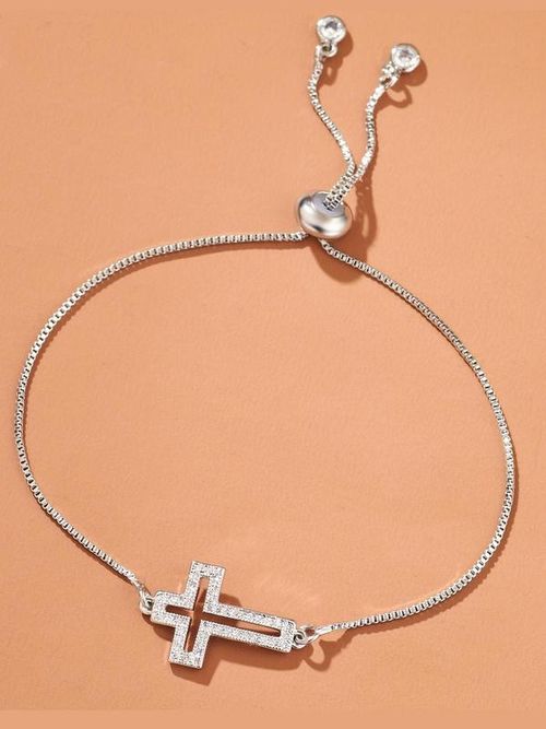 Dainty Cross Bracelet: Zircon Detail, Openwork Design