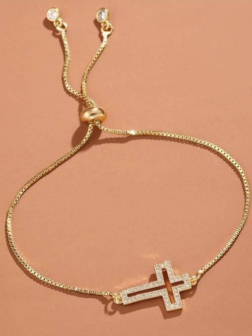 Dainty Cross Bracelet: Zircon Detail, Openwork Design