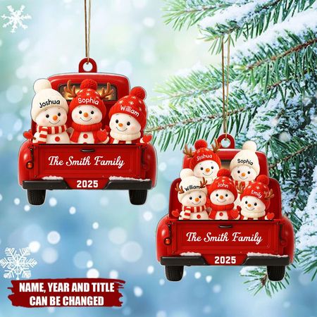 Family Snowman on Christmas Truck - Personalized Christmas Acrylic Ornament