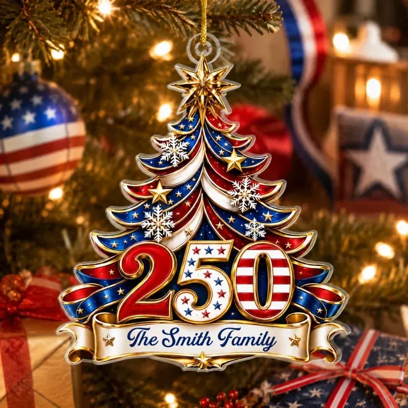Personalized America 250th Anniversary Christmas Ornament – Custom Family Name Patriotic Tree Keepsake