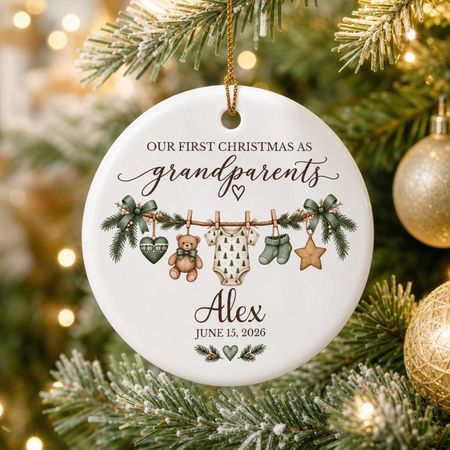 Primeros abuelos de Navidad-ornamento de cerámica personalizado, personalizado bebé nombre tendedero recuerdo, ornamento de Navidad