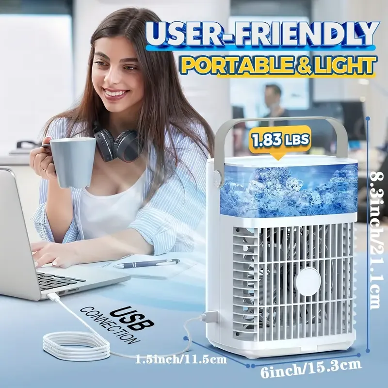 Portable air conditioning fan, small home air conditioner, 3 speed cooling fan, USB charging