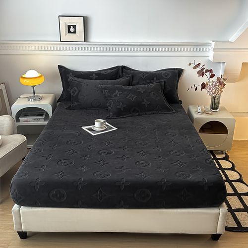 Jacquard craft solid color milk flannel bed hat three-piece bedspread mattress protector cover
