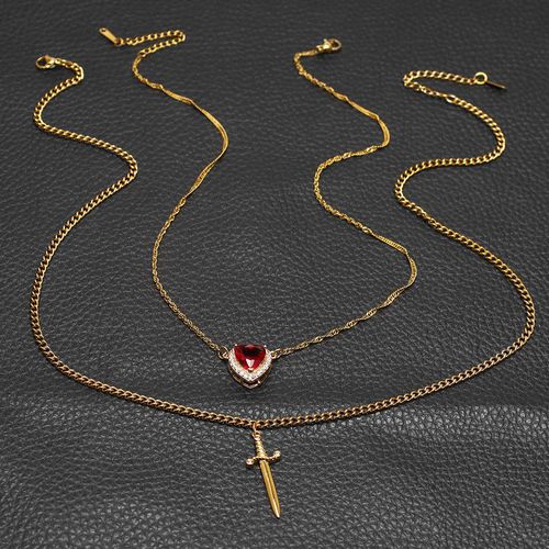 New European & American Red Crystal Heart Dagger Pendant Necklace, Layered French Retro Fashion Jewelry for Women😀😀