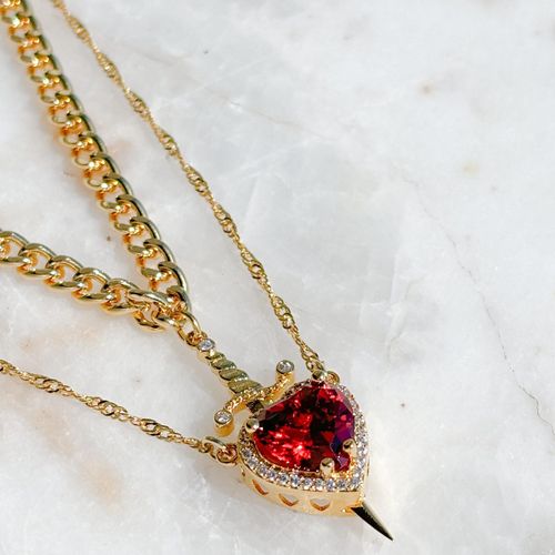 New European & American Red Crystal Heart Dagger Pendant Necklace, Layered French Retro Fashion Jewelry for Women😀😀
