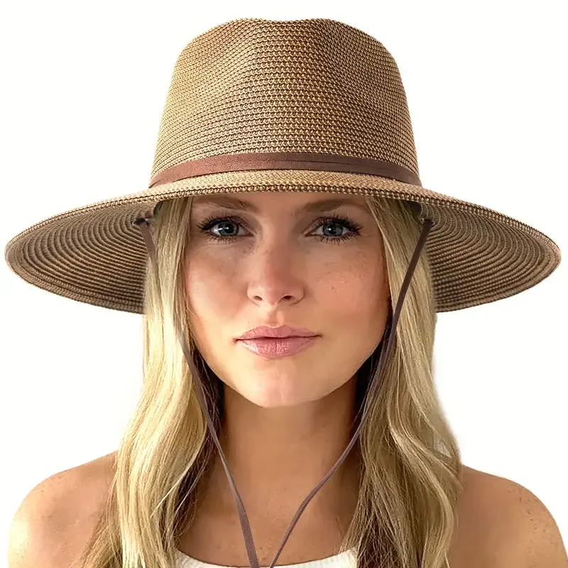 Women's Wide Brim Straw Sun Hat with Wind Lanyard - Breathable, UV Protection Panama Beach Cap
