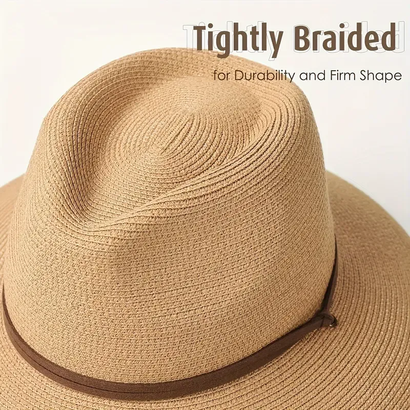 Women's Wide Brim Straw Sun Hat with Wind Lanyard - Breathable, UV Protection Panama Beach Cap
