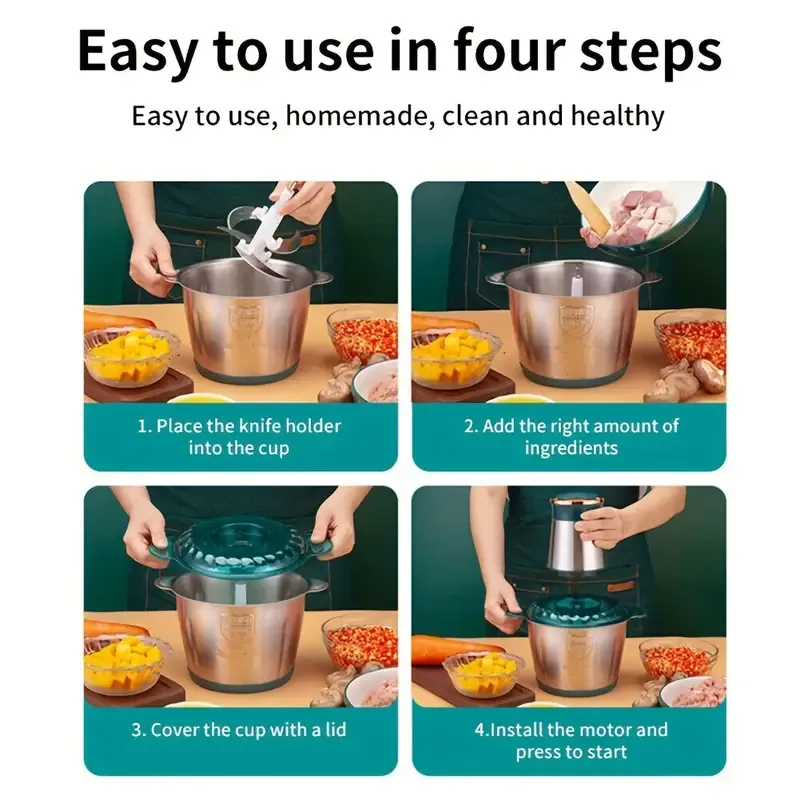 2L Meat Grinder Electric Food Processor Stainless Steel Meat Blender Food Chopper For Meat, Vegetables, Fruits And Nuts 250W