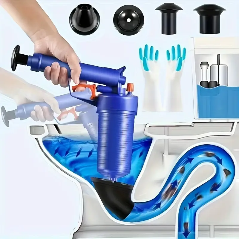 Heavy-Duty, High-Pressure Air Toilet Plunger Set with 4 Suction Cups - Drain Clog Remover Tool for Bathroom, Kitchen & Floor Pipes