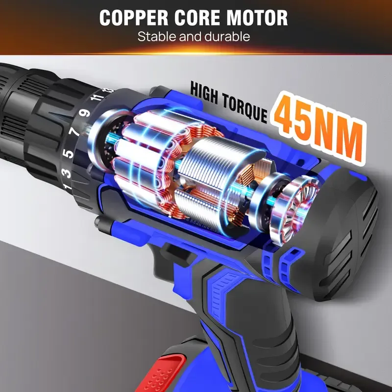 Local warehouse21V Cordless Drill, Electric Drill Set, 45Nm Cordless Combi Drill with 25+1 Torque Setting, Large LI-ion Battery, 26pcs Accessories, 2 Variable Speed, LED Work Light, Home And Garden DIY Project Kit