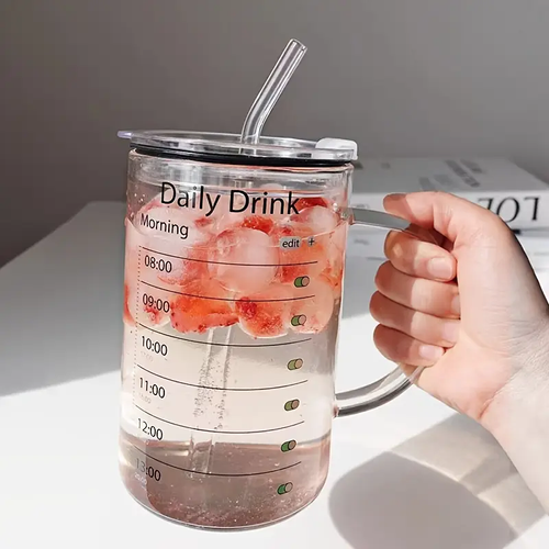1000ml Glass Drinking Cup with Lid and Straw - High Borosilicate Glass Daily Drink Mug with Time Marker - Patterned Versatile Drinkware for Iced Coffee, Juice, Milk, Tea - Durable and Stylish Glassware