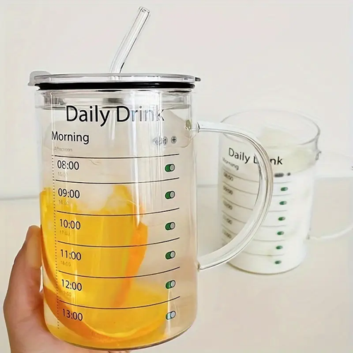 1000ml Glass Drinking Cup with Lid and Straw - High Borosilicate Glass Daily Drink Mug with Time Marker - Patterned Versatile Drinkware for Iced Coffee, Juice, Milk, Tea - Durable and Stylish Glassware