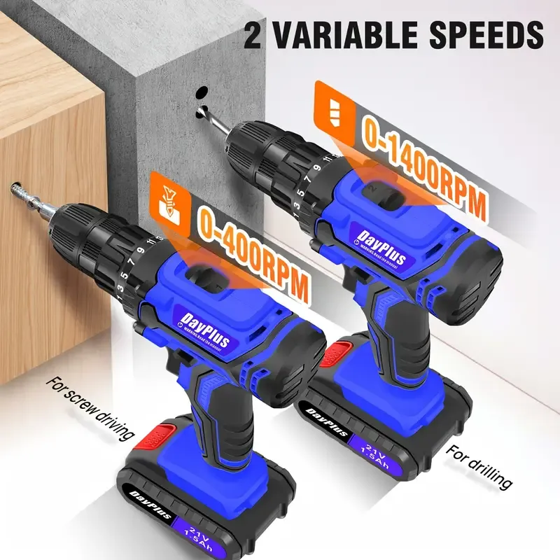 Local warehouse21V Cordless Drill, Electric Drill Set, 45Nm Cordless Combi Drill with 25+1 Torque Setting, Large LI-ion Battery, 26pcs Accessories, 2 Variable Speed, LED Work Light, Home And Garden DIY Project Kit