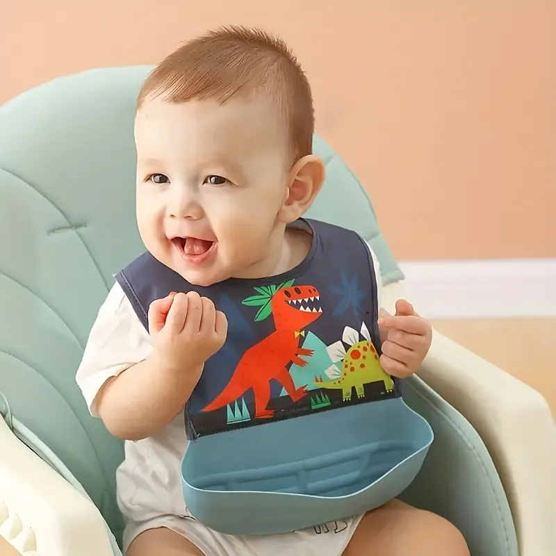 Silicone Bibs Are Waterproof, Dirt-Resistant, And Feature Pockets, Designed with Comfortable Animal-Themed Prints Suitable for Both Boys And Girls.
