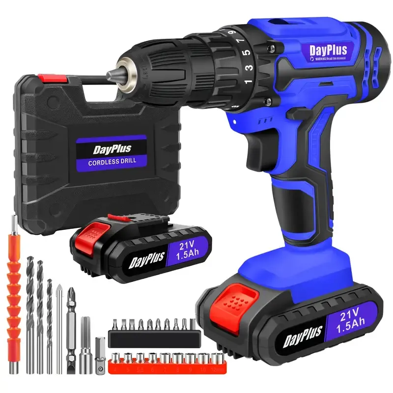 Local warehouse21V Cordless Drill, Electric Drill Set, 45Nm Cordless Combi Drill with 25+1 Torque Setting, Large LI-ion Battery, 26pcs Accessories, 2 Variable Speed, LED Work Light, Home And Garden DIY Project Kit
