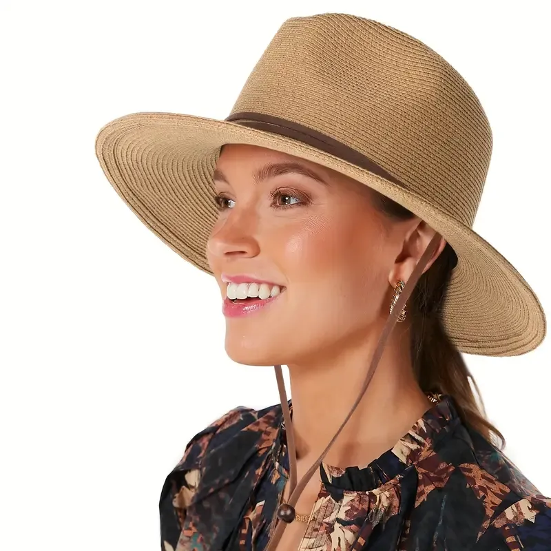 Women's Wide Brim Straw Sun Hat with Wind Lanyard - Breathable, UV Protection Panama Beach Cap